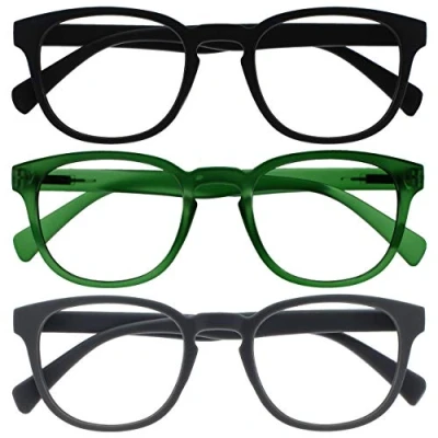 Afbeelding van Opulize Pop Pack 3 Retro Rond Glad Zwart Mat Groen Grijs Mannen Vrouwen Leesbril Scharnieren veer RRR2 167 +2,50