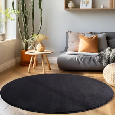 Afbeelding van HomebyHome Tapijt, 200 cm, rond, zwart, wasbaar, korte pool, effen kleur, modern design, antislip, extra zacht, pluche, voor woonkamer, keuken, slaapkamer, kinderkamer