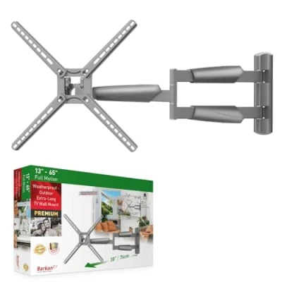 Afbeelding van Barkan 76 cm lange tv muurbeugel voor buiten, draaibaar/kantelbaar/volledig beweegbaar van 13 65 inch, belastbaar tot 36 kg, extra verlenging, max. VESA 400x400, weerbestendig, waterdicht