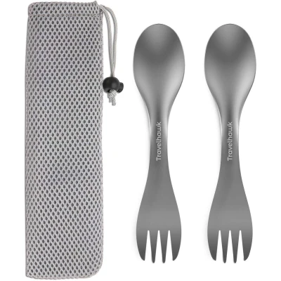 Afbeelding van Travelhawk Spork Campingbestek van titanium Vork, mes en lepel in één Bestek voor onderweg op reis Lichtgewicht 2 Stuks Inclusief Draagzak