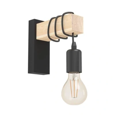 Image de EGLO lampe murale TOWNSHEND, applique vintage à flamme au design industriel, rétro en acier et bois, noir, marron, certifié FSC, douille E27
