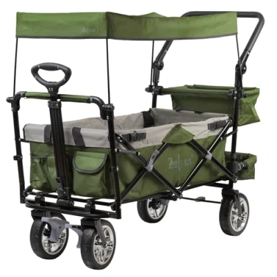 Afbeelding van Zelsius Opvouwbare bolderkar met dak, groen/grijs, transportwagen gordelsysteem, strandwagen, gereedschapswagen, tuinwagen luifel,