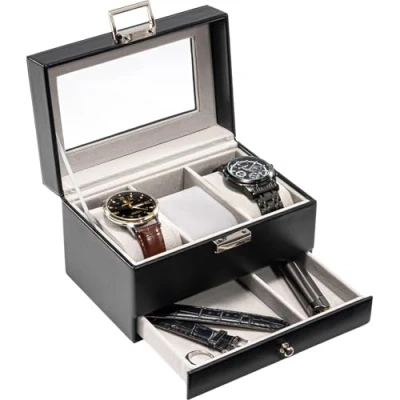 Afbeelding van ProCase Horlogedoos voor heren, vitrine met 3 vakken lade, horlogekast heren glazen deksel, 2 lagen opslag sieraden en horloges dames
