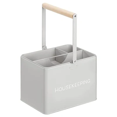 Afbeelding van Navaris metalen schoonmaakmand met handvat Opslag en organiser bak houten Ideaal voor keuken of badkamer Vintage deco ontwerp