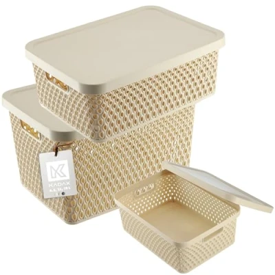 Afbeelding van KADAX Opbergmand, mand met deksel, opbergdoos, kunststof, moderne plankmand, container ventilatiegaten (3 stuks 4,5 l, 12 18 beige)