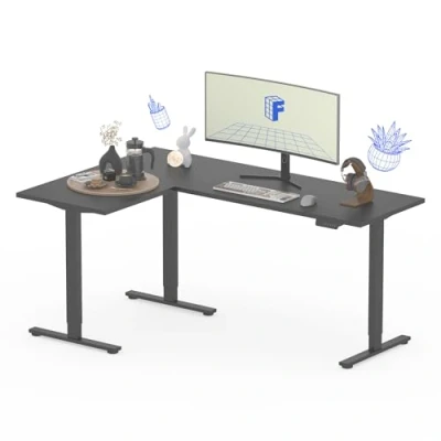 Afbeelding van FLEXISPOT bureau, zittend, staand, L bureau met 3 poten, elektrisch in hoogte verstelbaar 4 geheugenknoppen (zwart 180 x 120 cm)