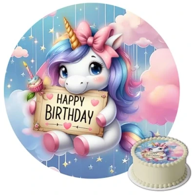 Afbeelding van J&amp;M DECO Décoration de gâteau comestible, ronde, 20 cm, en papier gaufrette, pour anniversaire, fille, motif licorne, fête d&#039;enfants, sans gluten et végétalien