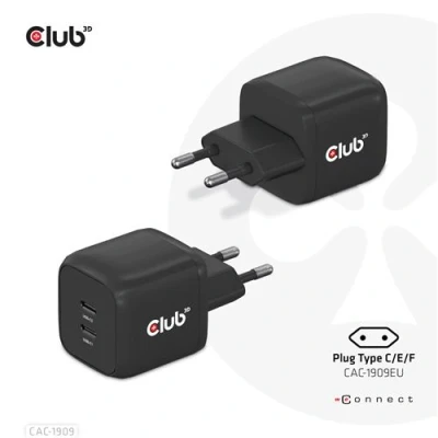 Image de Club 3D CAC 1909 Adaptateur secteur Technologie PPS et GaN 45 Watt 3 A PD 3.0 2 connecteurs de sortie (2 x USB C) sur le câble : C Union européenne