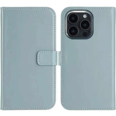 Afbeelding van Selencia Hoesje Geschikt voor iPhone 16 Pro Met Pasjeshouder Echt Lederen Bookcase lichtblauw
