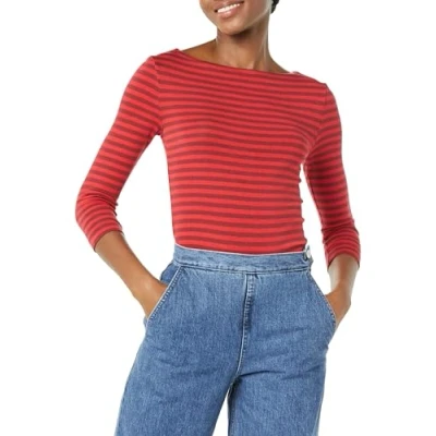 Image de Amazon Essentials T Shirt Col Bateau Uni Coupe Ajustée à Manches 3/4 Women&#039;s, Rouge Bordeaux Rayures, XS