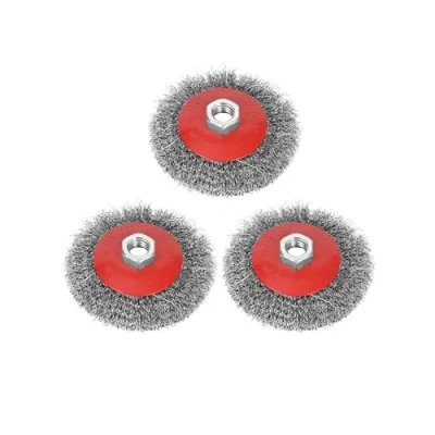 Afbeelding van Set van 3 draadborstels voor haakse slijper, diameter 115 mm, schroefdraad M14, gegolfd HSS staaldraad metaal en steen, reinigen, ontkalken, schuren
