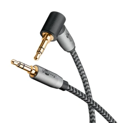Afbeelding van goobay 65283 AUX Audio 5 m/90 haakse stekker, 3,5 mm jackkabel, stoffen ommanteling, geschikt voor mobiele telefoon, hoofdtelefoon, console