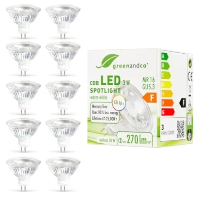 Afbeelding van 10x greenandco®, IRC 90+, LED spot, MR16, GU5.3, 3 W, vervangt 30 270lm 2700K warm wit, COB LED, 38 12V AC/DC, niet dimbaar