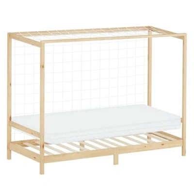 Afbeelding van Kinderbed voetbaldoel 90x200 cm naturel grenenhout incl. matras H 10cm houten bed met lattenbodem &amp; doelnet ML Design