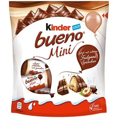 Afbeelding van Set van 2 Kinder Bueno mini 108g afzonderlijk verpakte wafels (ca. 17 stuks) met fijne melkhazelnootcrème en melkchocolade coating. Zonder kunstmatige kleuren.