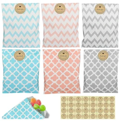 Afbeelding van 60 stuks papieren zakjes voor snoep, geschenken, Pasen, bruiloft, verjaardag, feest, 6 designs