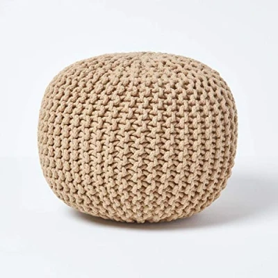 Afbeelding van Homescapes Rond gebreide poef 100% katoen Cremewit 35x40 cm
