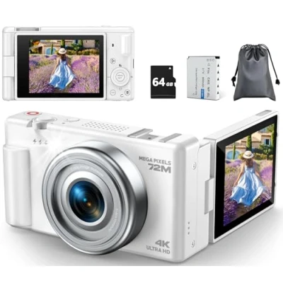 Afbeelding van 4K digitale camera, Vlog camera met 72 MP autofocus, 18 voudige zoom, 270 flip display, compacte 64 GB kaartbatterij