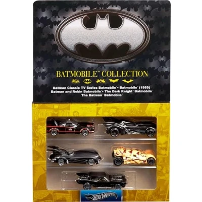 Afbeelding van Hot Wheels Set van 5 Batman voertuigen voor 85e verjaardag, schaal 1:64 verschillende replica&#039;s Batmobile in verjaardagsdoos, JBG93
