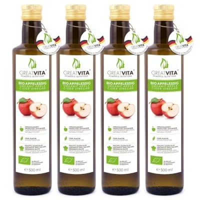 Afbeelding van GreatVita Biologische appelciderazijn, 4 x 500 ml, natuurlijk, dof, ongefilterd, met azijnmoer