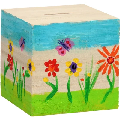Afbeelding van Houten spaarpot vierkant 8,7cm x 8,6cm 8,4cm