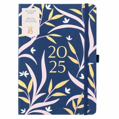 Afbeelding van Busy B Weekplanner 2025 DIN A5 met to do lijsten en notitiepagina&#039;s, voor werk, school, kantoor, marineblauw bloemenpatroon, weekoverzicht, 3 vakken
