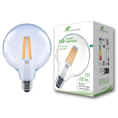 Afbeelding van greenandco Heldere led filamentlamp, E27 G125, 7,2 W, 1521 lm, vervangt 100 3000 K, warmwit, 320 graden, 230 V, flikkervrij, energieklasse A, niet dimbaar