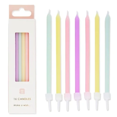 Afbeelding van 16 stuks pastelkleurige verjaardagskaarsen met houders, hoog en fijn, 10 cm, taartdecoraties voor verjaardagen, babyfeestjes, Pasen, meisjesfeesten, 16, 18, 21