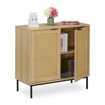 Afbeelding van Relaxdays dressoir 2 rotan deuren smal 80 cm breed woonkamer