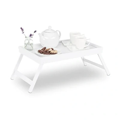 Afbeelding van Relaxdays bedtafel bamboe wit dienbladtafel dienblad op pootjes klapbaar bed
