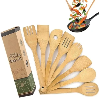 Afbeelding van Set van 8 keukengerei bamboe, houten lepels en spatels, anti aanbaklaag wok, spatel, schep, hittebestendige keukengerei, gereedschap, lepel, spatel