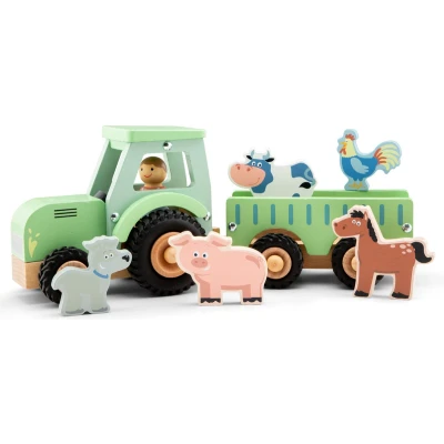 Afbeelding van New Classic Toys Houten Tractor met Aanhanger 5 Dieren Groen Speelgoedvoertuig