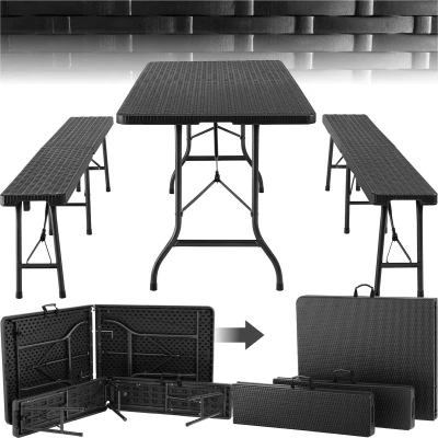 Afbeelding van tectake® 3 delige Tuinmeubelset Opklapbare Campingtafel met 2 Bierbanken Balkonmeubels, Tuin of Terrastafelset Biertentenset Handgrepen 180 cm Lang Zwart
