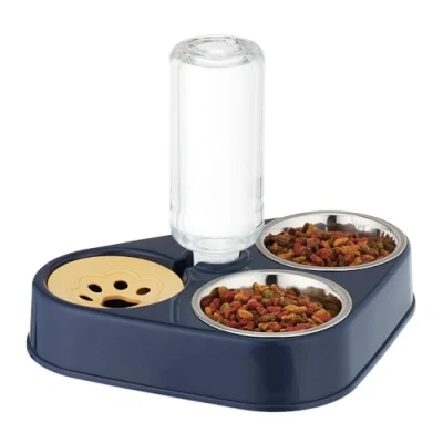 Afbeelding van Relaxdays voerbak kat met waterdispenser dubbele hondenvoerbak drinkbak verhoogd