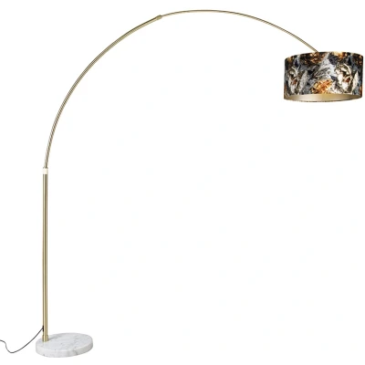Afbeelding van QAZQA Booglamp messing met kap bloem dessin 50 cm XXL