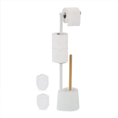 Afbeelding van Relaxdays toiletaccessoires set rvs bamboe wc rolhouder toiletborstel met houder wit