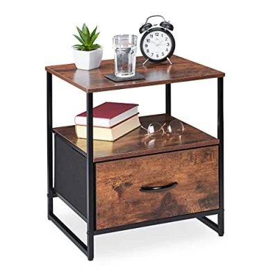 Afbeelding van Relaxdays Industrieel nachtkastje met 2 planken, bijzettafel lade, metaal en MDF, 50 x 45 40 cm, zwart/bruin