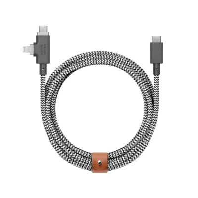 Afbeelding van Native Union Belt Cable Duo Pro 240 W 8 ft universele gevlochten oplaadkabel gerecyclede materialen MFi 2 in 1 gecertificeerde stekkers voor Lightning en type C apparaten (zebra)