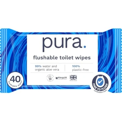 Afbeelding van Pura 40 stuks vochtige wegwerpdoekjes, 100% plasticvrij, 99% waterreinigend, gecertificeerd &quot;fijn om af te spoelen&quot;, biologisch afbreekbaar, composteerbaar, veganistisch, zachte reiniging