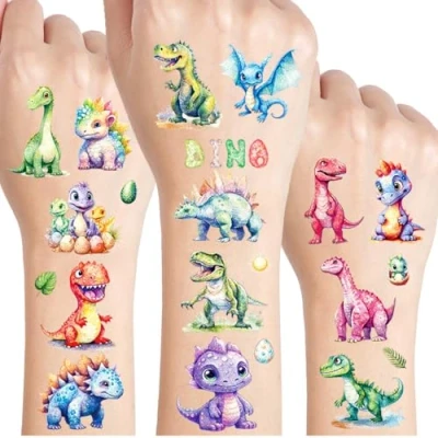 Afbeelding van Dino Tatouage Enfant, 12 Feuilles Dinosaure Ephemere Paillette, Tatouages Decoration Anniversaire Enfants, Cadeau pour Garçons Filles, Etanche Paillettes Enfants