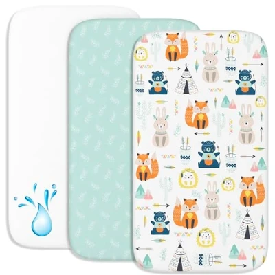 Afbeelding van Cododo Hoeslaken (2 stuks) + 1 matrasbeschermer, waterdicht, met elastiek, 3 in 1, afmetingen 50 x 83 cm, compatibel wiegen, matras Baby, voor meisjes en jongens, motief vos