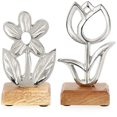 Afbeelding van COM FOUR® 2 x decoratieve bloemenstandaard hoogwaardige metalen bloemen op mangohouten sokkels om neer te zetten en cadeau geven (1 stuk 1)