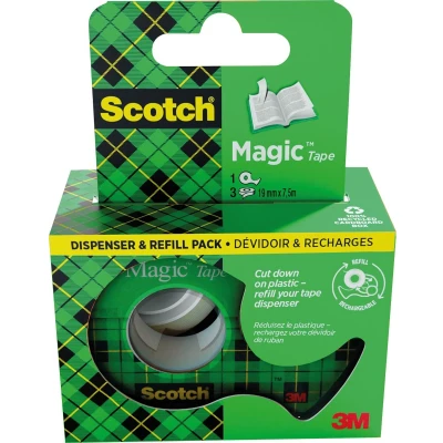 Afbeelding van Scotch Magic Tape plakband ft 19 mm x 7,5 m, dispenser + 3 rolletjes, ophangbaar doosje