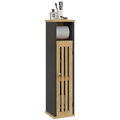 Afbeelding van HOMCOM Badkamermeubel met toiletpapierhouder, opslag afneembare stang, 2 niveaus + MDF papieruitgang, zwart, bamboe