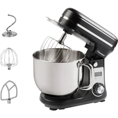 Afbeelding van Bestron Keukenmachine, Super Stille (65dB) 4 in 1 Keukenmachine met DC motor, 6 liter mengkom, incl. deeghaak, garde en klopper, snelheden + pulsefunctie, kleur: Mat Zwart