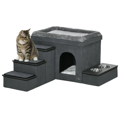 Afbeelding van PawHut Niche pour chat avec escalier, maison 2 bols en acier inoxydable, lit chat, chien coussin, chats, chiens jusqu&#039;à 8 kg, polyester, 78 x 48 49,5 cm,