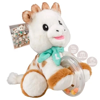Afbeelding van Sophie de giraf Mini Knuffel met rammelaar Knuffeldier Machinewasbaar Verzwaarde poten Kraamcadeau Babyshower cadeau Vanaf 0 maanden Beige/Bruin