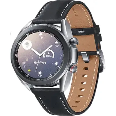 Afbeelding van Samsung Galaxy Watch3 41 mm roestvrijstalen behuizing zilver met zwarte leren polsband