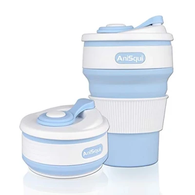 Afbeelding van AniSqui opvouwbare siliconen koffiemok met deksel (350 ml, BPA vrij, milieuvriendelijk, herbruikbaar), draagbare koffiemok, past in je zak (blauw)