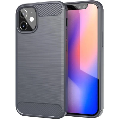 Afbeelding van Cadorabo Hoesje geschikt voor Apple iPhone 12 MINI in BRUSHED GRIJS Beschermhoes van flexibel TPU siliconen roestvrij staal carbonvezel look Case Cover